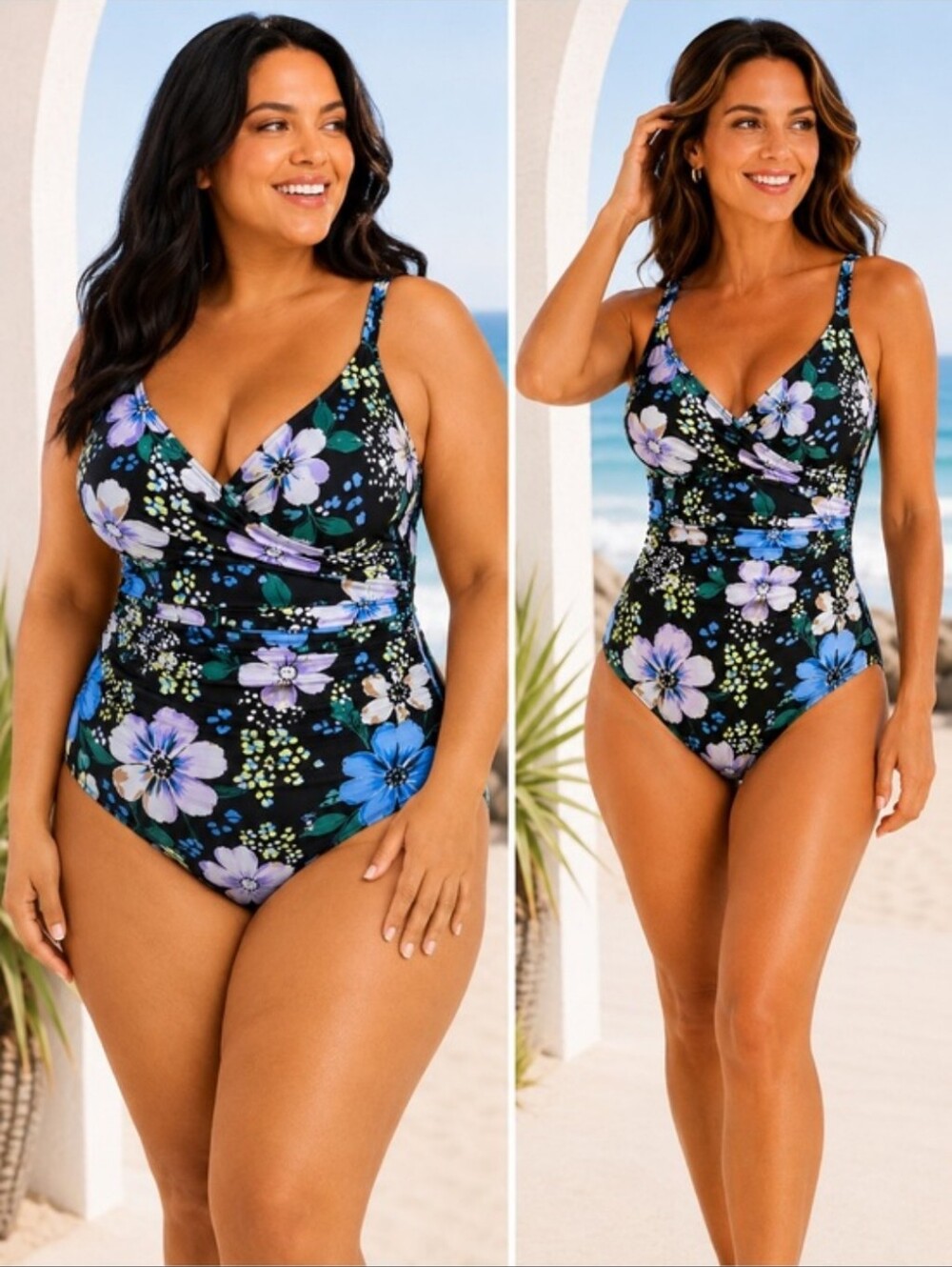 Jantzen Floral Black One-Piece Swimsuit with Purple & Blue Blooms SZ 14